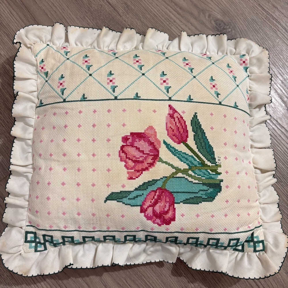 Vtg Floral Cross-Stitch Needlepoint Tapestry Pillow Easter 15x16 Cottagecore